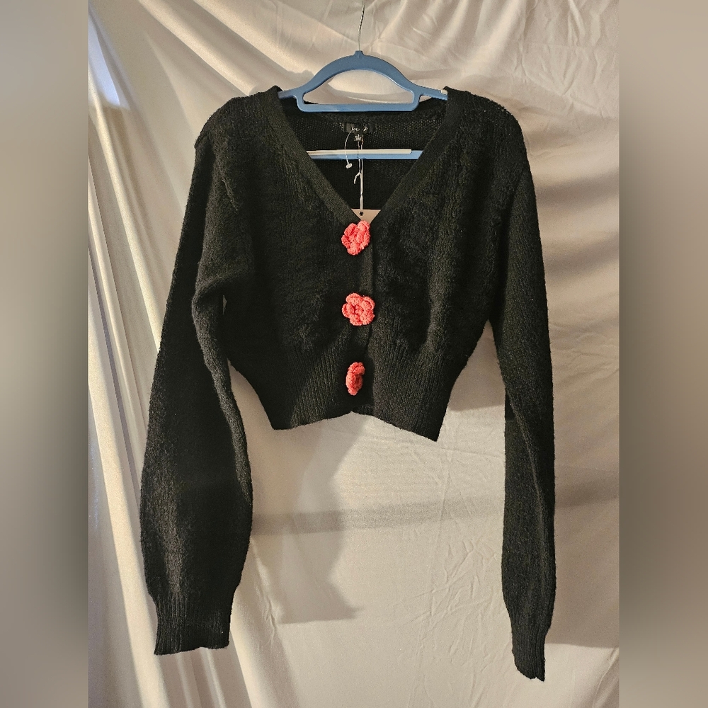 New Black W/ Pink Flower Cardigan Cropped Love Tree Sz Lg Boho Fairy